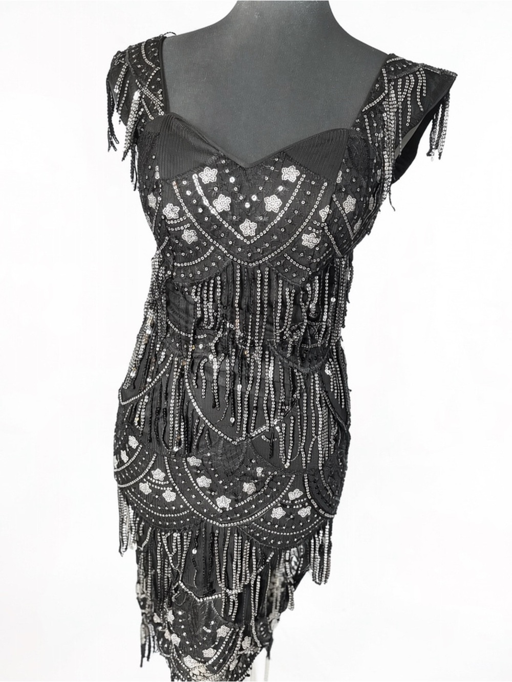 Vintage 1920s Gatsby Beaded Sequin Fringe Flapper Cocktail Mini Dress Black